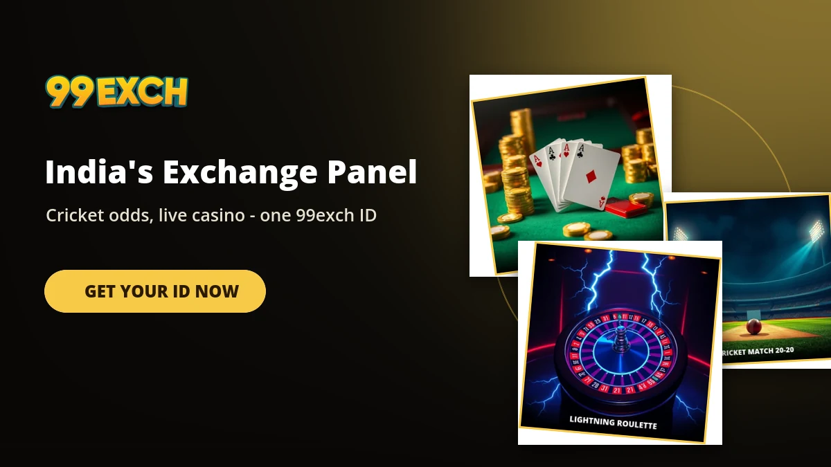 99exch exchange panel banner with teen patti, roulette and cricket match game tiles